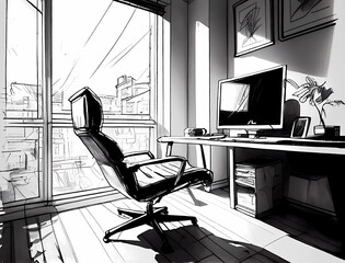 monochrome drawing of a desktop with a computer. ai generated