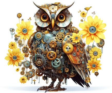 steampunk inspired owl with yellow flowers. Generative AI image.