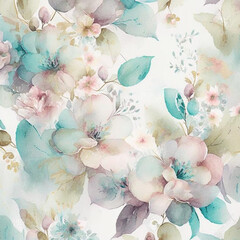 Pastel watercolor flowers with stems and leaves. Watercolor art background.