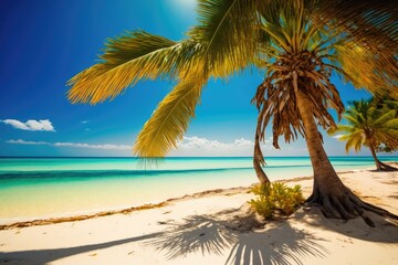 Fototapeta na wymiar Caribbean island vacation, hot summer day on a sunny tropical Caribbean beach with palm palms and turquoise ocean. Generative AI