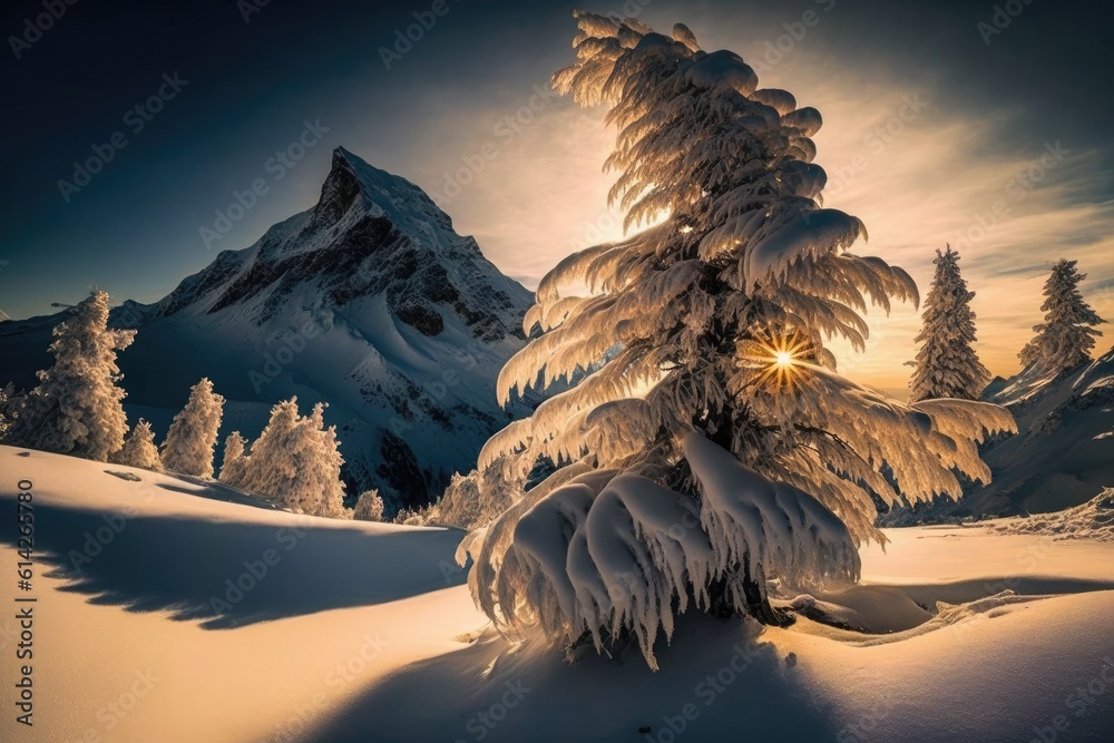 Canvas Prints solitary snow-covered tree standing tall in the midst of a mountain landscape. generative ai