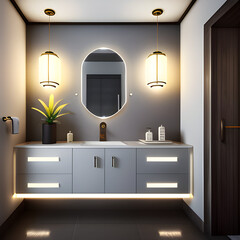 Bathroom in art deco style. Bathroom with lighting. Stylish modern interior design.