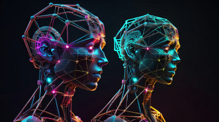 Fototapeta na wymiar Artificial intelligence woman head portrait with intricate parts robotical cyber punk futuristic New Neon color Best design generative ai