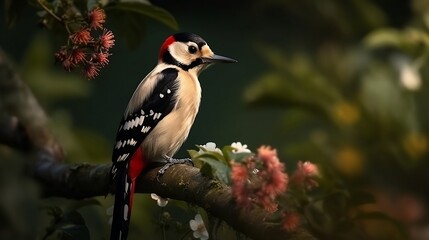 Fototapeta premium A woodpecker on a branch in the forest. Generative AI