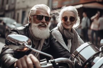 Fototapeta na wymiar Happy seniors on holidays retired. Couple on scooter in Italy, Europe. Generative AI. Copyspace