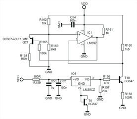 Schematic diagram of electronic device. 
Vector drawing electrical circuit with operational amplifier, 
resistor, capacitor, transistor and other components.