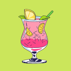 Summer cocktail with fruit and ice. Summer tropical cocktail. Exotic drink.  Bright colors and cartoon style.