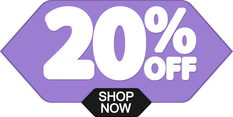 Sale 20% off, discount tag on transparent background. Promotion sign for shop or online store, PNG illustration