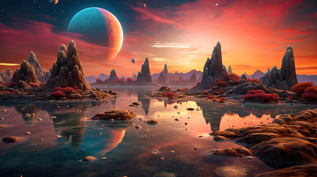 rocky alien planet with water, accompanied by planets and moons in the sky. Generative AI image.