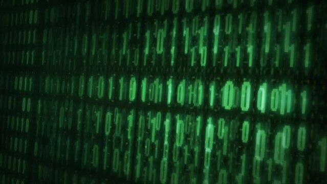 Binary code data visualization, video loop. Perspective view 3D graphics background, for technology intros, logos or promos