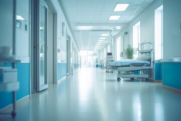 Naklejka na ściany i meble Abstract medical background: Blurred interior of a hospital, creating a sense of depth and abstraction. Generative AI