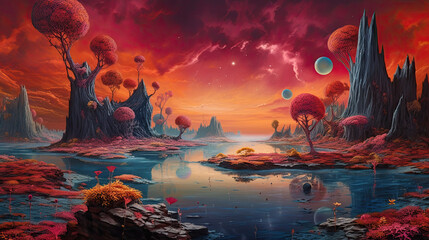 Fototapeta na wymiar landscape of a fantasy alien planet. Generative AI image.