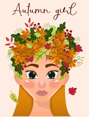 Autumn concept. Female portrait with autumn leaves, pretty woman in leaves in hair. Design for fashion cards, banners, posters.