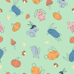 Seamless pattern with funny rabbits. Animal print. Pets. Festive decor. A pattern of simple elements. Vector illustration.