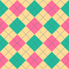 Seamless pink green argyle pattern. Traditional diamond check print. Vintage seamless background.