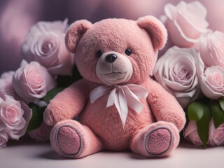 Teddy bear with roses on pink background. ai generative
