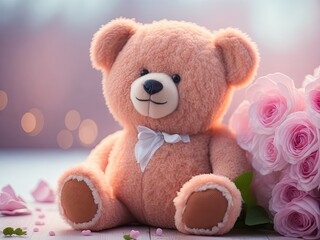 Teddy bear with roses on pastel background. ai generative