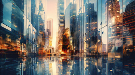 Abstract cityscape with glass windows and reflections, generative AI