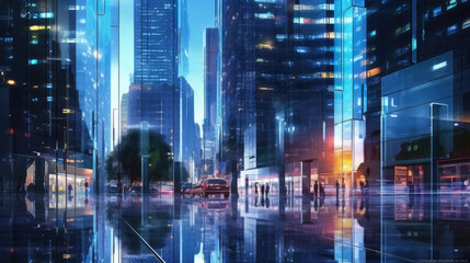 Abstract cityscape with glass windows, and reflections, generative AI