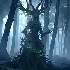 Leshy in the forest, with an appearance of a feminine person, fantasy - obrazy, fototapety, plakaty