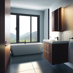 Fototapeta na wymiar Ecostyle bathroom. Bright bathroom with a window and a large mirror. Stylish modern interior design. generative AI