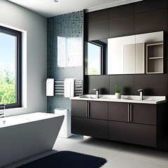 Ecostyle bathroom. Bright bathroom with a window and a large mirror. Stylish modern interior design. generative AI