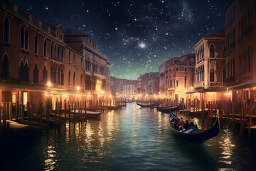 A picture of one of the rivers in the city of Venice at night, with stars shining in the sky