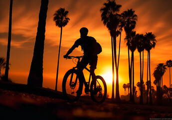 silhouette of a cyclist riding past palm trees at sunset
