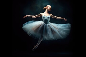 A close - up shot of a ballerina in mid - air, frozen in a graceful pose. Generative AI