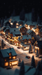 Cozy miniature snowy village in the mountains during a winter blizzard - glowing town at night