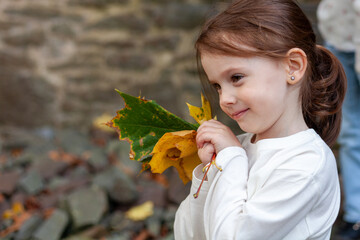 Adorable little girl with autumn leaves in her hand. Outdoor portrait