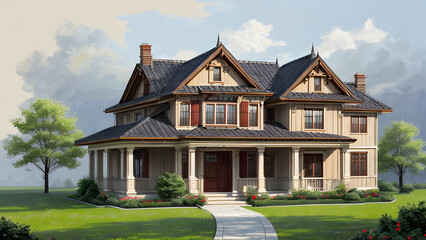 Fototapeta na wymiar Modern house exterior display in realistic environment. House 3D. Fantasy House. Mock-up House