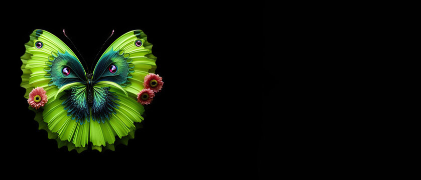 green flower butterfly on black background. Generative AI image.