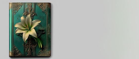 green old vintage, antique book with lily flower. Generative AI image.