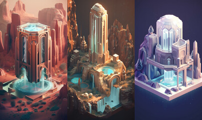 Bundle of 3: 3D game design isometric islands concept render art in light colors and pastel gradients in a minimalist and modern style