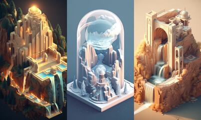 Bundle of 3: 3D game design isometric islands concept render art in light colors and pastel gradients in a minimalist and modern style