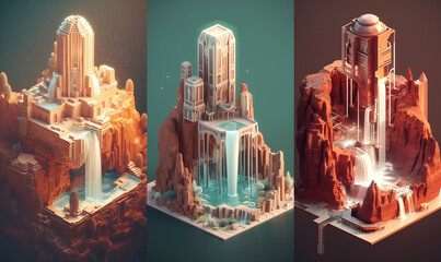 Bundle of 3: 3D game design isometric islands concept render art in light colors and pastel gradients in a minimalist and modern style
