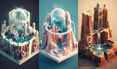 Bundle of 3: 3D game design isometric islands concept render art in light colors and pastel gradients in a minimalist and modern style