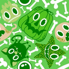 Cartoon Halloween seamless pumpkins and ghost and cat and skulls and starfish pattern for wrapping paper