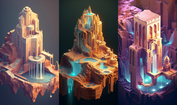 Bundle of 3: 3D game design isometric islands concept render art in light colors and pastel gradients in a minimalist and modern style