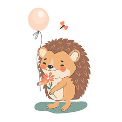 Cute cartoon hedgehog with balloon and flower, flat style vector illustration. © Lana