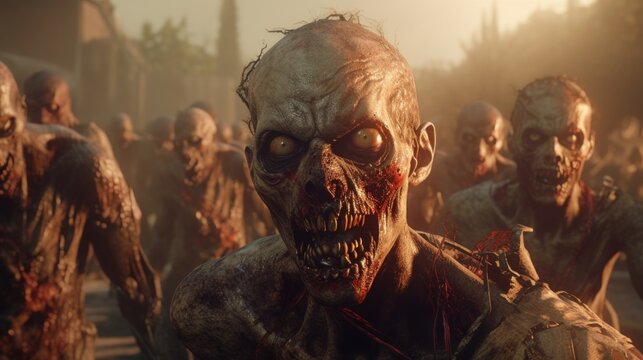 A centered shot of a zombie attack on a city