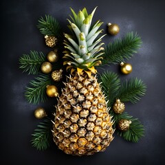 Christmas tree made of pineapple leaves and christmas decoration. Holiday concept.