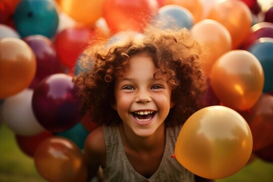 The joy and excitement of a child girl playing in a field of colorful balloons in a close - up shot. Generative AI