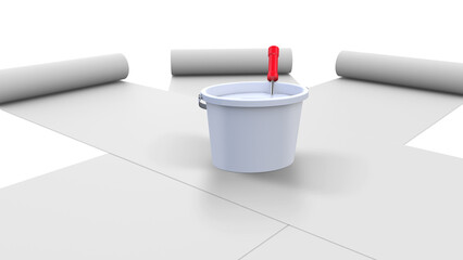 Paperhangings Rolls And Bucket 3D Rendering
