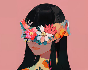Black haired woman with her eyes covered in flowers. Mysterious and unusual. Pink background. Anime style.