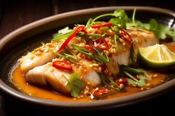 Thai dish of pla kapong neung manao, or steamed sea bass with lime sauce. The delicate sea bass is steamed is then bathed in a tangy lime sauce, with garlic, chili, and herbs. Generative Ai - obrazy, fototapety, plakaty