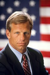 Portrait of an American male politician with a US flag in the background