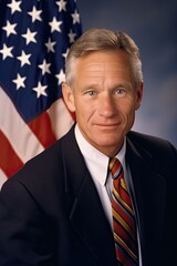 Portrait of an American male politician with a US flag in the background - obrazy, fototapety, plakaty