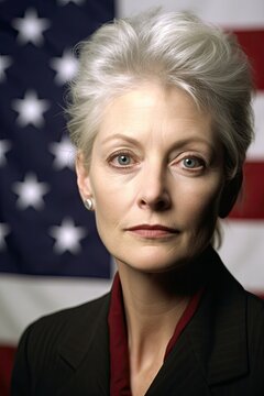 Portrait of an American female politician with a US flag in the background